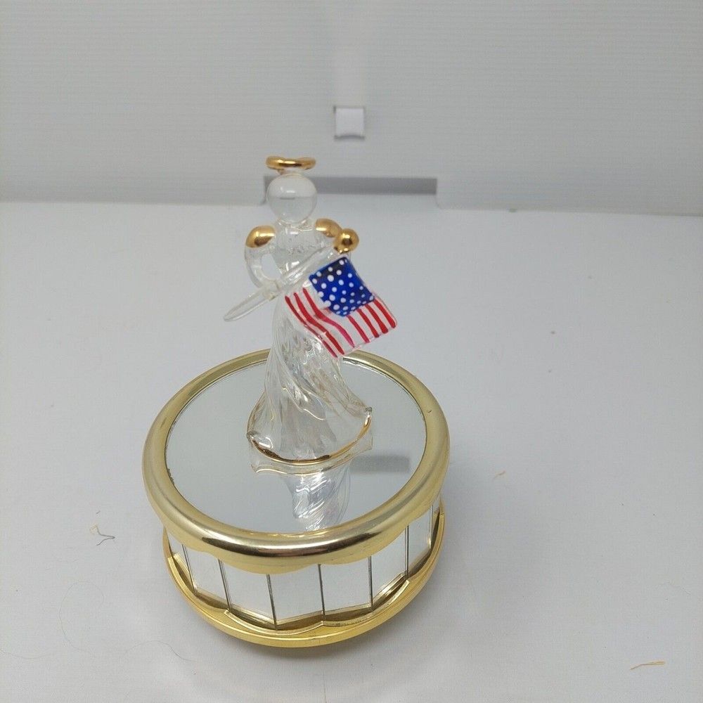 God Bless America Glass Angel Spinning Mirror Music Box American Flag